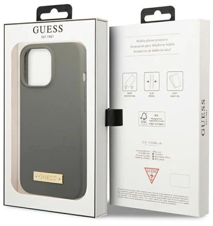 Guess GUHMP13XSPLG Apple iPhone 13 Pro Max 6,7″ pilkas kietas dėklas Silicone Logo Plate MagSafe