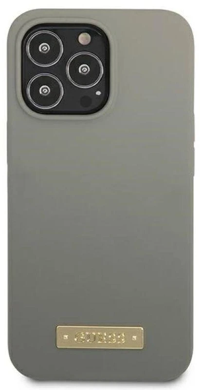 Guess GUHMP13XSPLG Apple iPhone 13 Pro Max 6,7″ pilkas kietas dėklas Silicone Logo Plate MagSafe