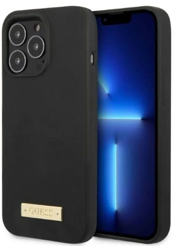 Guess GUHMP13XSPLK Apple iPhone 13 Pro Max 6,7″ juodos spalvos kietas dėklas Silicone Logo Plate MagSafe