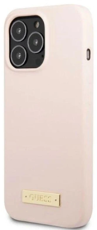 Guess GUHMP13XSPLP Apple iPhone 13 Pro Max 6,7″ rožinės spalvos kietas dėklas Silicone Logo Plate MagSafe
