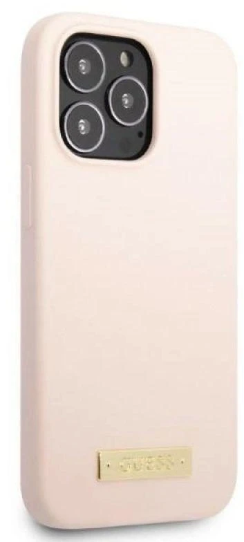 Guess GUHMP13XSPLP Apple iPhone 13 Pro Max 6,7″ rožinės spalvos kietas dėklas Silicone Logo Plate MagSafe