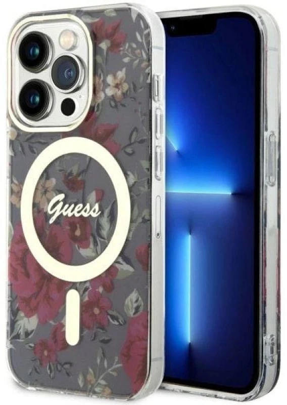 Guess GUHMP14LHCFWSA Apple iPhone 14 Pro 6.1″ khaki kietas dėklas Flower MagSafe