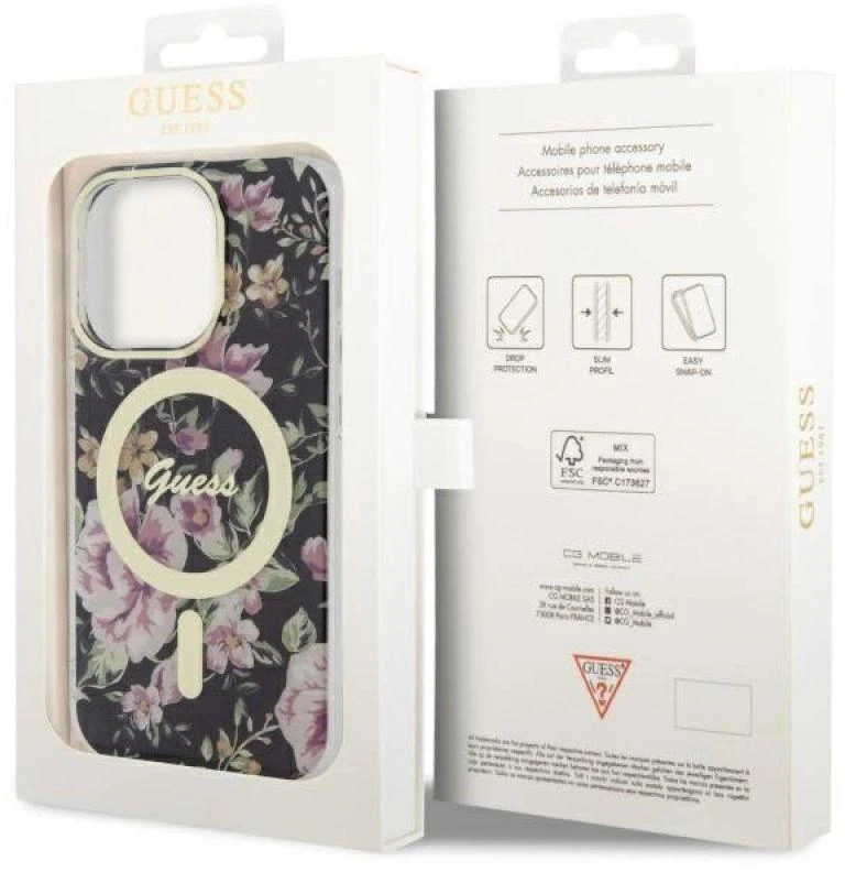 Guess GUHMP14LHCFWSK iPhone 14 Pro 6.1″ juodos spalvos kietas dėklas Flower MagSafe