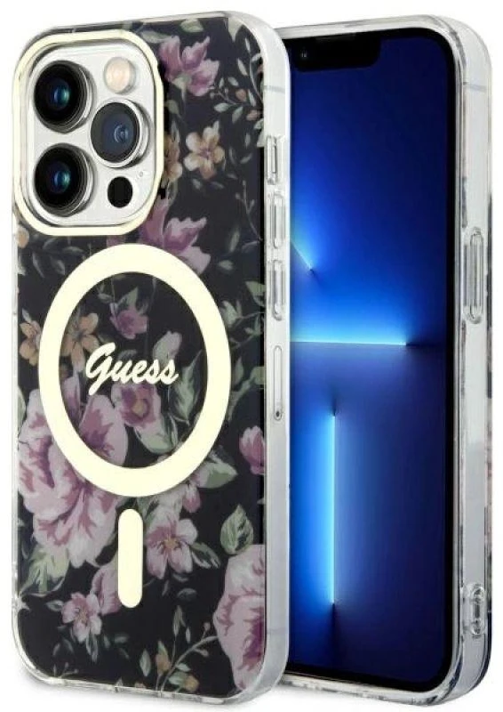 Guess GUHMP14LHCFWSK Apple iPhone 14 Pro 6.1″ juodos spalvos kietas dėklas Flower MagSafe