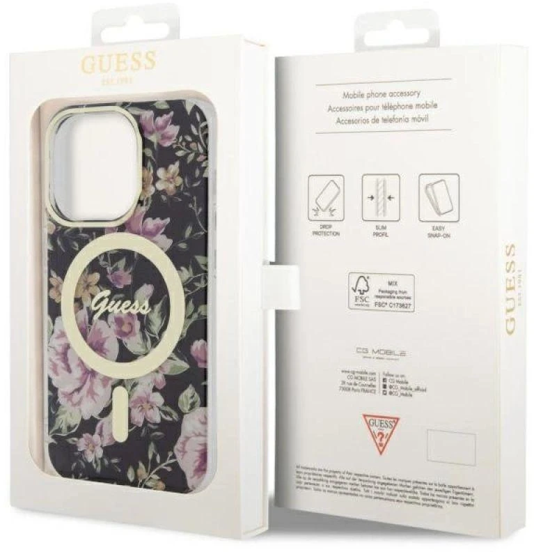 Guess GUHMP14LHCFWSK Apple iPhone 14 Pro 6.1″ juodos spalvos kietas dėklas Flower MagSafe