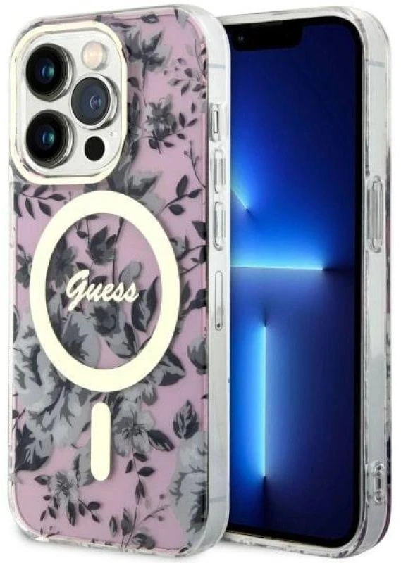 Guess GUHMP14LHCFWSP Apple iPhone 14 Pro 6.1″ rožinės spalvos kietas dėklas Flower MagSafe