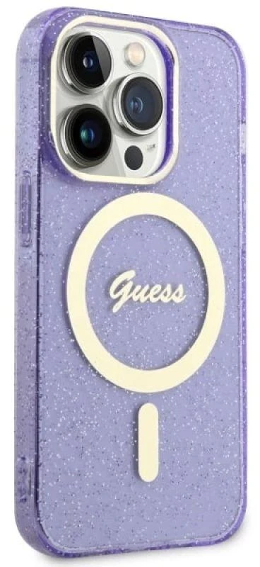 Guess GUHMP14LHCMCGU Apple iPhone 14 Pro 6.1″ violetinės spalvos kietas dėklas Glitter Gold MagSafe