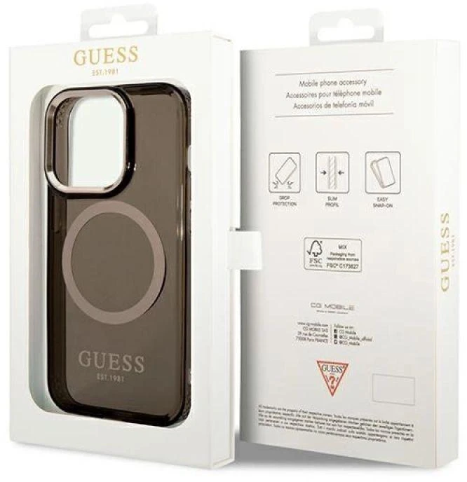 Dėklas Guess GUHMP14LHTCMK iPhone 14 Pro 6.1" juodas/juodas hard case Gold Outline Translucent MagSafe