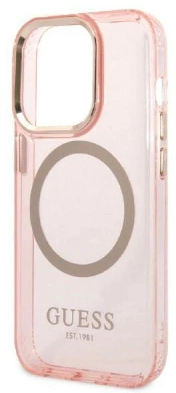 Guess GUHMP14LHTCMP Apple iPhone 14 Pro6,1″ rožinės spalvos kietas dėklas Gold Outline Translucent MagSafe