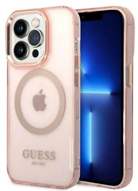 Guess GUHMP14LHTCMP Apple iPhone 14 Pro6,1″ rožinės spalvos kietas dėklas Gold Outline Translucent MagSafe