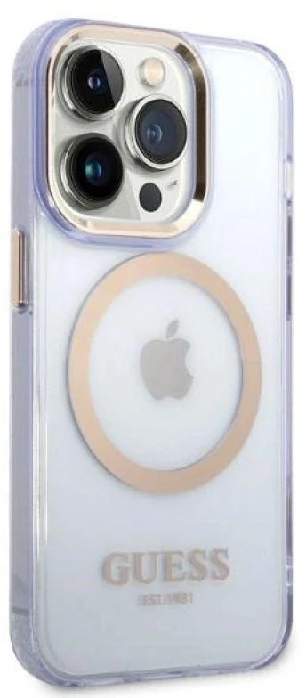 Guess dėklas iPhone 14 Pro 6,1 GUHMP14LHTCMU violetinė HC Magsafe Gold Outline Translucent
