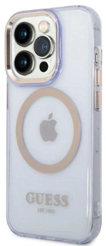 Guess dėklas iPhone 14 Pro 6,1 GUHMP14LHTCMU violetinė HC Magsafe Gold Outline Translucent
