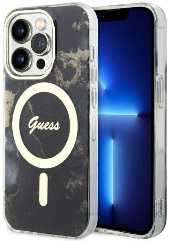 Guess GUHMP14LHTMRSK Apple iPhone 14 Pro 6.1″ juodos spalvos kietas dėklas Golden Marble MagSafe