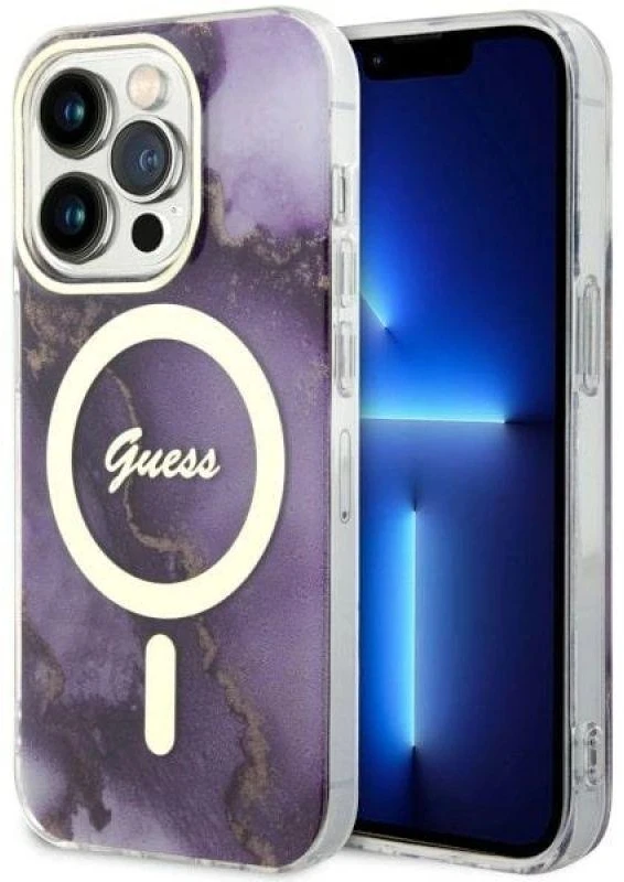 Guess GUHMP14LHTMRSU Apple iPhone 14 Pro 6.1″ violetinės spalvos kietas dėklas Golden Marble MagSafe