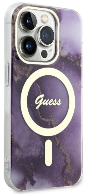 Guess GUHMP14LHTMRSU Apple iPhone 14 Pro 6.1″ violetinės spalvos kietas dėklas Golden Marble MagSafe