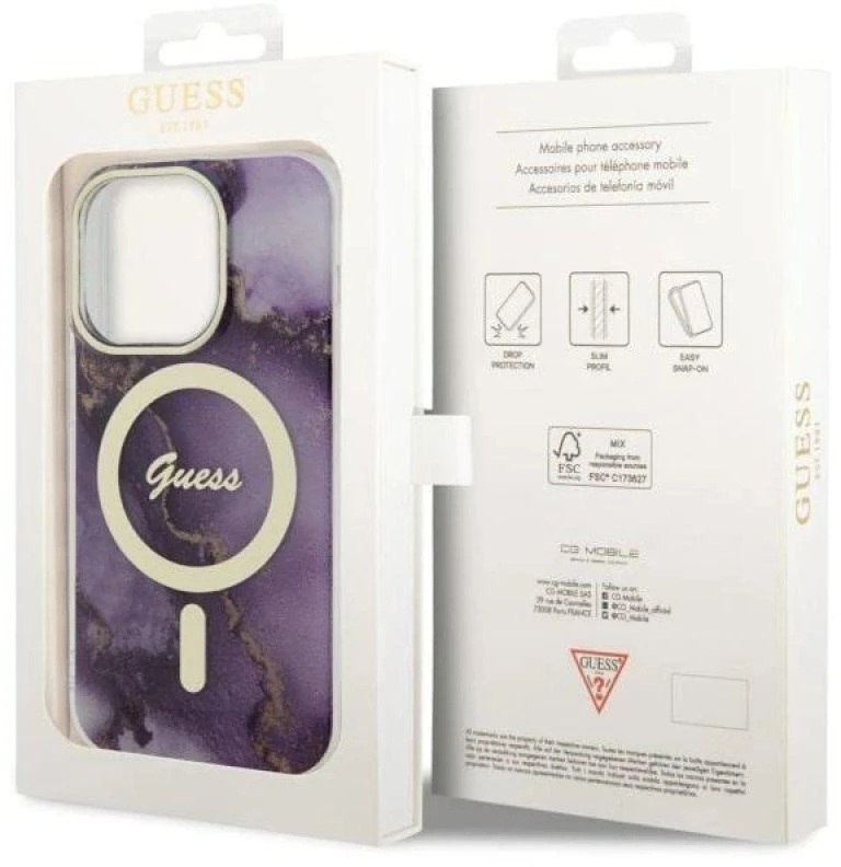 Guess GUHMP14LHTMRSU Apple iPhone 14 Pro 6.1″ violetinės spalvos kietas dėklas Golden Marble MagSafe