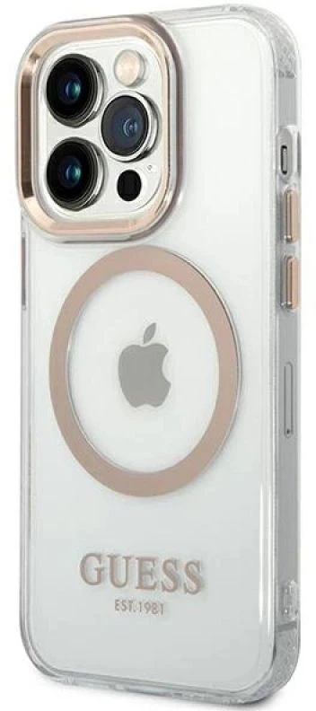 Guess GUHMP14LHTRMD Apple iPhone 14 Pro 6,1″ auksinis kietas dėklas Metal Outline Magsafe