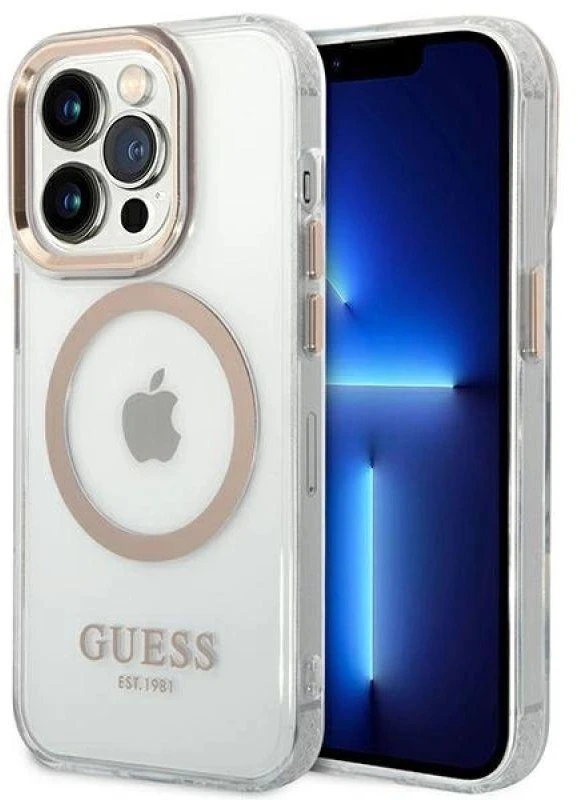 Guess GUHMP14LHTRMD Apple iPhone 14 Pro 6,1″ auksinis kietas dėklas Metal Outline Magsafe