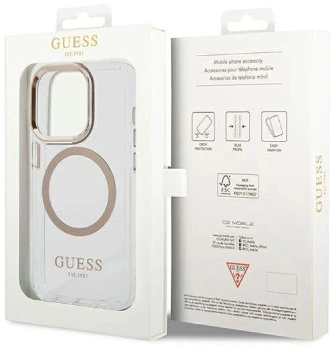 Guess GUHMP14LHTRMD Apple iPhone 14 Pro 6,1″ auksinis kietas dėklas Metal Outline Magsafe