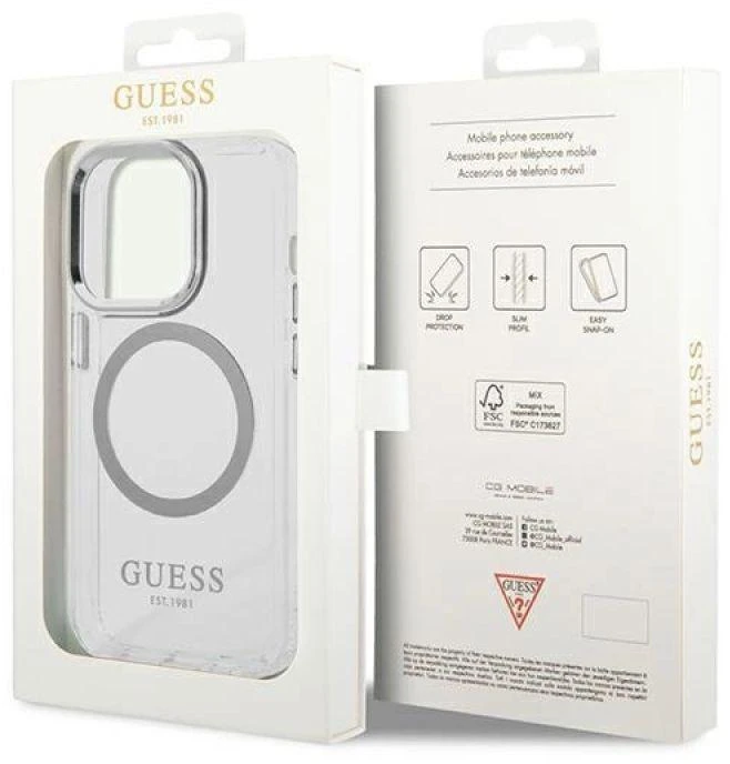 Guess GUHMP14LHTRMS Apple iPhone 14 Pro 6,1″ sidabrinis kietas dėklas Metal Outline Magsafe