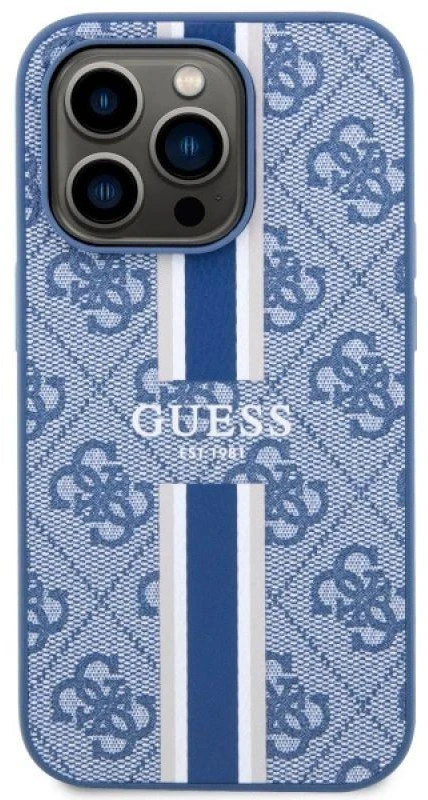 Guess telefono dėklas iPhone 14 Pro 6,1 GUHMP14LP4RPSB mėlynas hardtelefono dėklas Magsafe 4G Printed Stripes