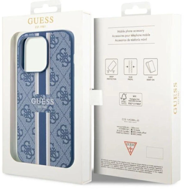 Guess telefono dėklas iPhone 14 Pro 6,1 GUHMP14LP4RPSB mėlynas hardtelefono dėklas Magsafe 4G Printed Stripes