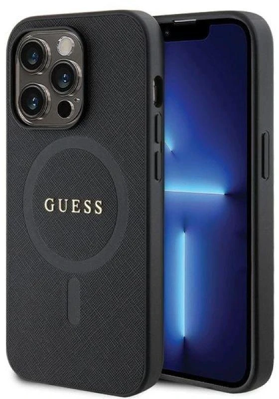 Guess GUHMP14LPSAHMCK Apple iPhone 14 Pro 6.1″ juodos spalvos kietas dėklas Saffiano MagSafe