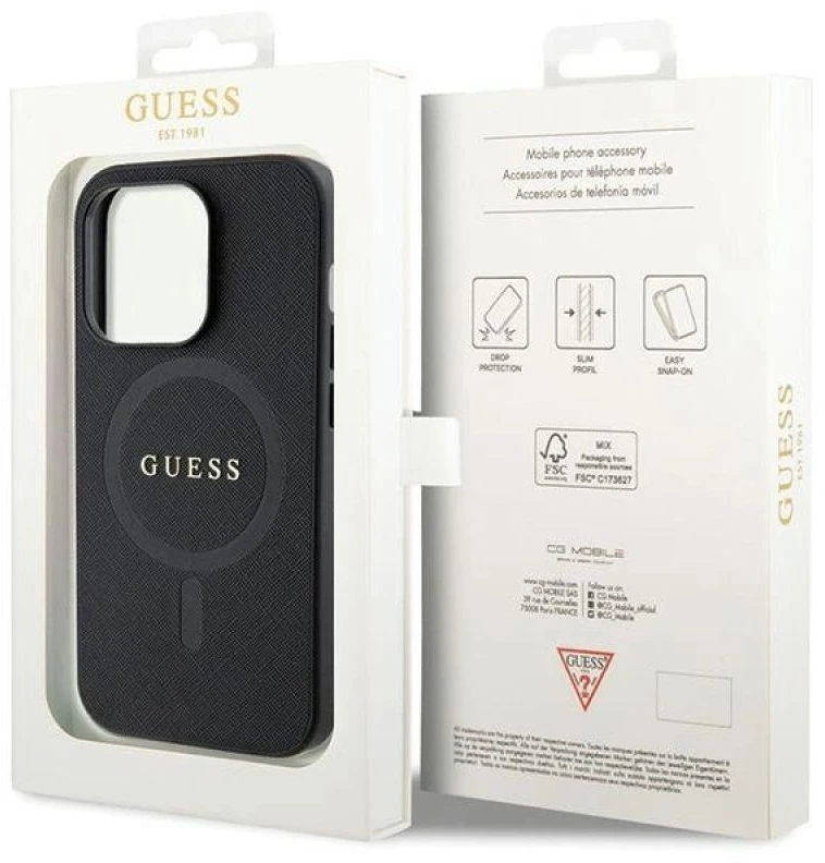 Guess GUHMP14LPSAHMCK Apple iPhone 14 Pro 6.1″ juodos spalvos kietas dėklas Saffiano MagSafe