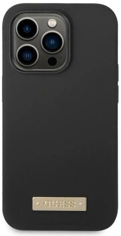 Guess GUHMP14LSBPLK Apple iPhone 14 Pro 6,1″ juodos spalvos kietas dėklas Silicone Logo Plate MagSafe