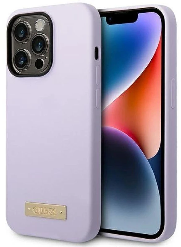 Guess telefono dėklas iPhone 14 Pro 6,1 GUHMP14LSBPLU violetinė hard telefono dėklas Liquid Silikoninis Logo MagSafe