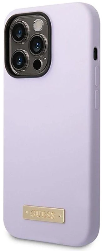 Guess telefono dėklas iPhone 14 Pro 6,1 GUHMP14LSBPLU violetinė hard telefono dėklas Liquid Silikoninis Logo MagSafe