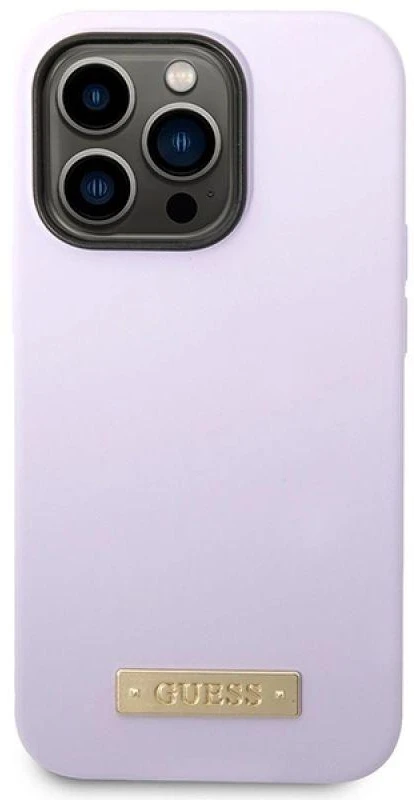 Guess telefono dėklas iPhone 14 Pro 6,1 GUHMP14LSBPLU violetinė hard telefono dėklas Liquid Silikoninis Logo MagSafe