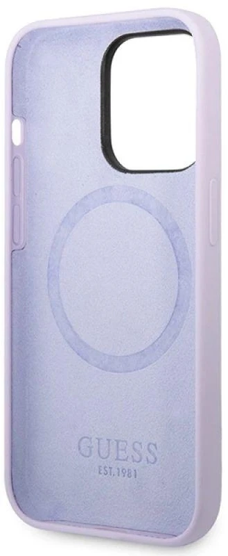 Guess telefono dėklas iPhone 14 Pro 6,1 GUHMP14LSBPLU violetinė hard telefono dėklas Liquid Silikoninis Logo MagSafe