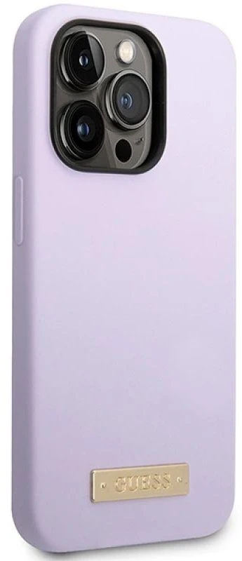 Guess telefono dėklas iPhone 14 Pro 6,1 GUHMP14LSBPLU violetinė hard telefono dėklas Liquid Silikoninis Logo MagSafe