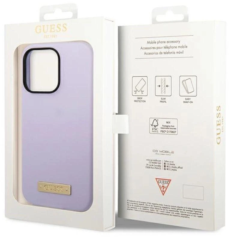 Guess telefono dėklas iPhone 14 Pro 6,1 GUHMP14LSBPLU violetinė hard telefono dėklas Liquid Silikoninis Logo MagSafe