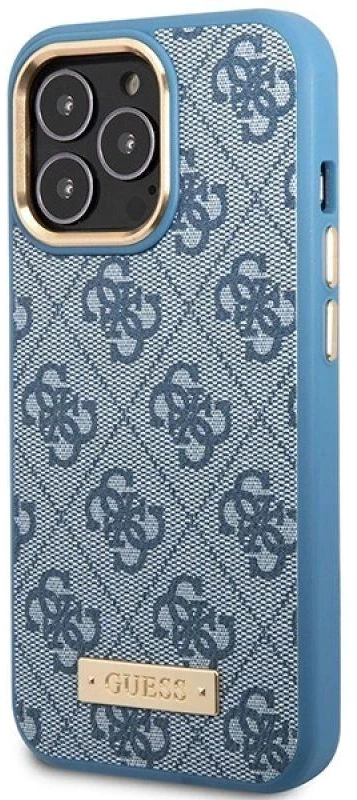 Apple iPhone 14 Pro Guess Dėklas 4G Logo Plate MagSafe mėlynos spalvos