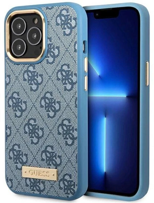 Apple iPhone 14 Pro Guess Dėklas 4G Logo Plate MagSafe mėlynos spalvos