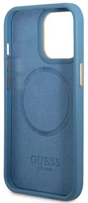 Apple iPhone 14 Pro Guess Dėklas 4G Logo Plate MagSafe mėlynos spalvos