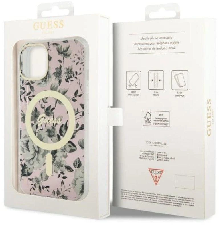 Dėklas GUESS GUHMP14MHCFWSP IPHONE 14 PLUS / / 15 PLUS 6.7 "Rožinis / Rožinis HARDCASE FLOWER MAGSAFE