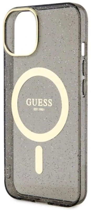 Guess GUHMP14MHCMCGK Apple iPhone 14 Plus / 15 Plus 6.7″ juodos spalvos kietas dėklas Glitter Gold MagSafe