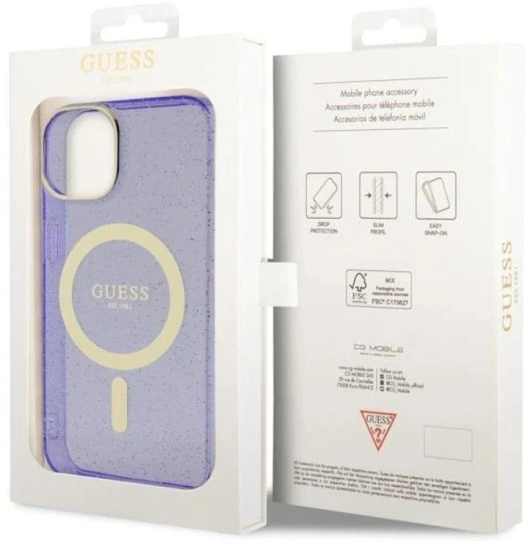 Dėklas GUESS GUHMP14MHCGUG IPHONE 14 PLUS / 15 PLUS 6.7 "PURPLE / PURPLE HARDCASE GLITTER GOLD MAGSAFE
