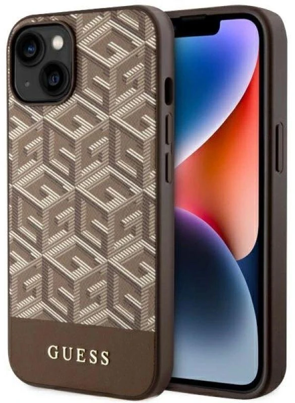 Guess GUHMP14MHGCFSEW Apple iPhone 14 Plus / 15 Plus 6.7″ rudos spalvos kietas dėklas GCube Stripes MagSafe
