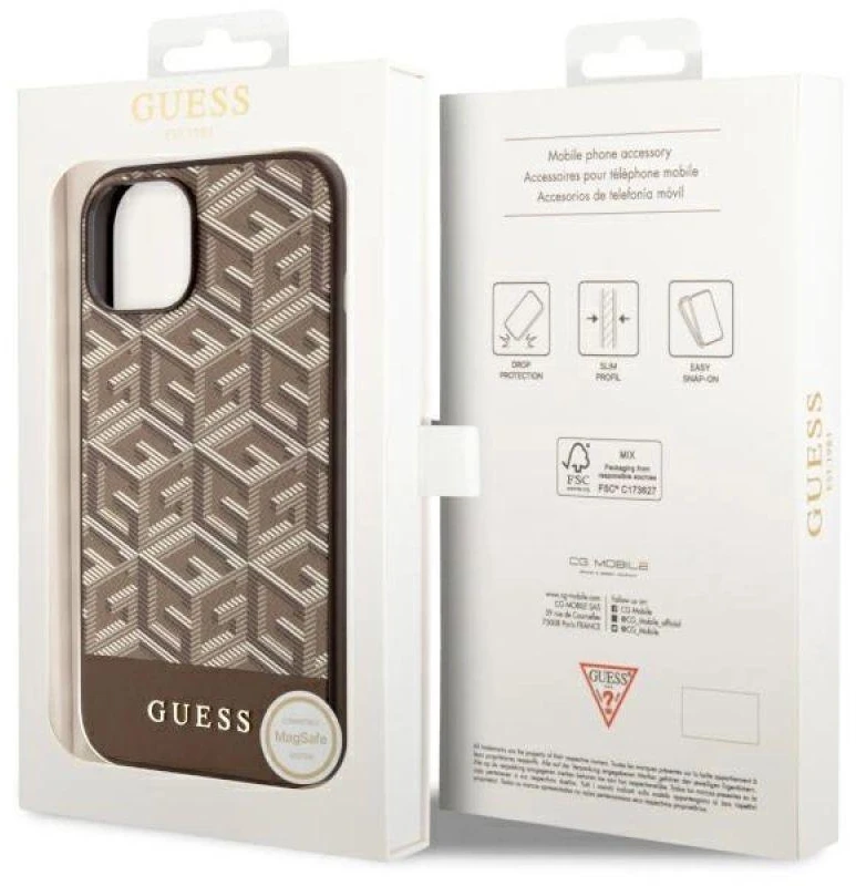 Guess GUHMP14MHGCFSEW Apple iPhone 14 Plus / 15 Plus 6.7″ rudos spalvos kietas dėklas GCube Stripes MagSafe