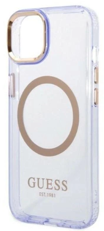 Guess GUHMP14SHTCMU Apple iPhone 14 / 15 / 136.1″violetinės spalvos kietas dėklas Gold Outline Translucent MagS
