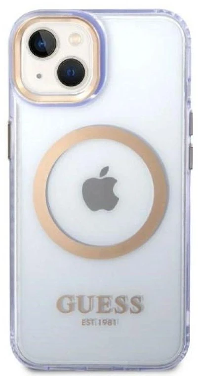 Guess GUHMP14SHTCMU Apple iPhone 14 / 15 / 136.1″violetinės spalvos kietas dėklas Gold Outline Translucent MagS