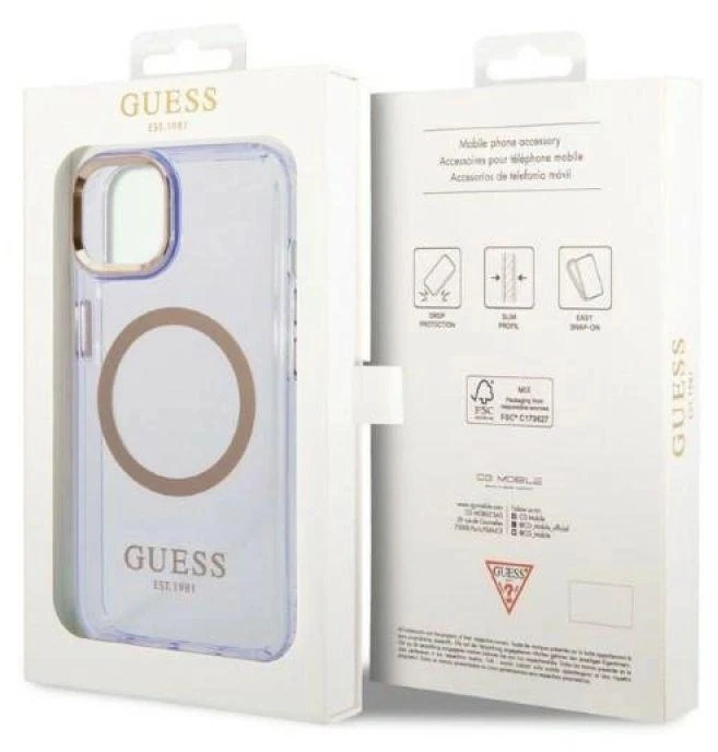 Guess GUHMP14SHTCMU Apple iPhone 14 / 15 / 136.1″violetinės spalvos kietas dėklas Gold Outline Translucent MagS