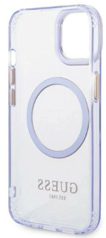Guess GUHMP14SHTCMU Apple iPhone 14 / 15 / 136.1″violetinės spalvos kietas dėklas Gold Outline Translucent MagS