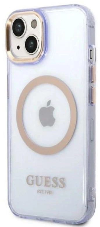 Guess GUHMP14SHTCMU Apple iPhone 14 / 15 / 136.1″violetinės spalvos kietas dėklas Gold Outline Translucent MagS