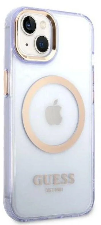 Guess GUHMP14SHTCMU Apple iPhone 14 / 15 / 136.1″violetinės spalvos kietas dėklas Gold Outline Translucent MagS