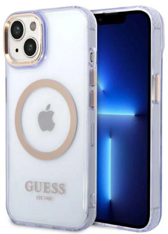 Guess GUHMP14SHTCMU Apple iPhone 14 / 15 / 136.1″violetinės spalvos kietas dėklas Gold Outline Translucent MagS